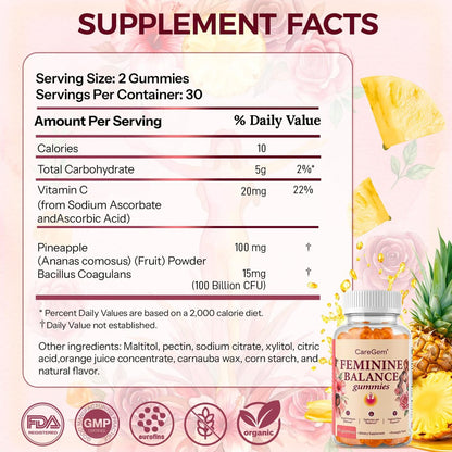 CareGem Feminine Balance Gummies – pH-Balance für Frauen & vaginale Gesundheit – Ananas-Probiotika mit Bacillus Coagulans – Geruchskontrolle & Flora-Unterstützung – 60 Gummis