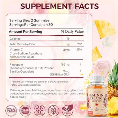 CareGem Feminine Balance Gummies – pH-Balance für Frauen & vaginale Gesundheit – Ananas-Probiotika mit Bacillus Coagulans – Geruchskontrolle & Flora-Unterstützung – 60 Gummis