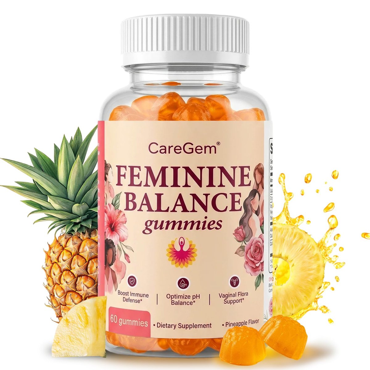 CareGem Feminine Balance Gummies – pH-Balance für Frauen & vaginale Gesundheit – Ananas-Probiotika mit Bacillus Coagulans – Geruchskontrolle & Flora-Unterstützung – 60 Gummis