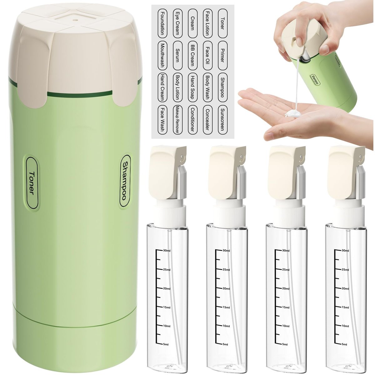 4-in-1 Nachfüllbarer Reise-Dosierspender – Tragbares Toilettenartikel-Set für Shampoo, Conditioner & mehr – Auslaufsichere Reisebehälter für Urlaub & Geschäftsreisen