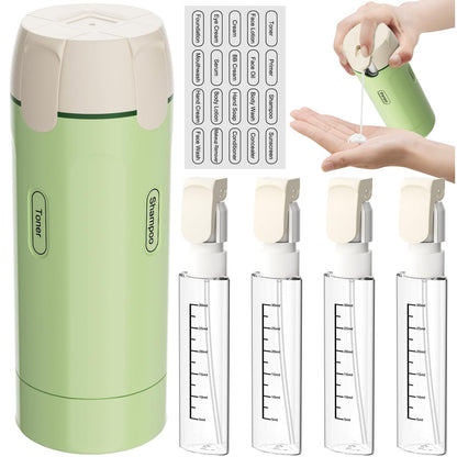 4-in-1 Nachfüllbarer Reise-Dosierspender – Tragbares Toilettenartikel-Set für Shampoo, Conditioner & mehr – Auslaufsichere Reisebehälter für Urlaub & Geschäftsreisen