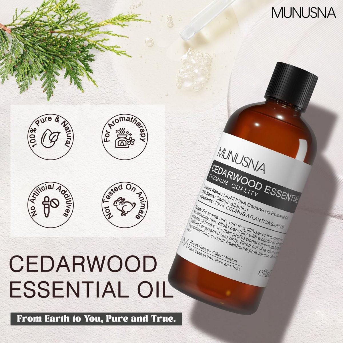 MUNUSNA Zedernholz Ätherisches Öl 100 ml – 100% reines natürliches Zedernholzöl, Premium-Klasse Aromatherapieöl für Haare, Hautpflege, Diffuser, Massage, Spray, Zuhause, DIY Kerzen- und Seifenherstellung