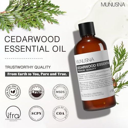 MUNUSNA Zedernholz Ätherisches Öl 100 ml – 100% reines natürliches Zedernholzöl, Premium-Klasse Aromatherapieöl für Haare, Hautpflege, Diffuser, Massage, Spray, Zuhause, DIY Kerzen- und Seifenherstellung