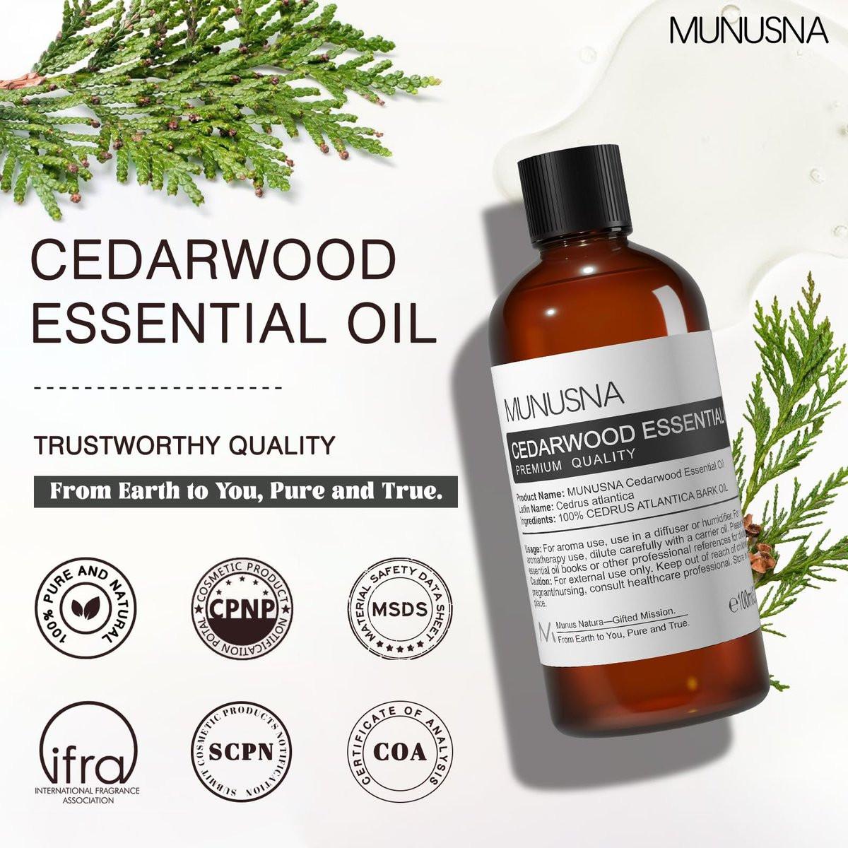MUNUSNA Zedernholz Ätherisches Öl 100 ml – 100% reines natürliches Zedernholzöl, Premium-Klasse Aromatherapieöl für Haare, Hautpflege, Diffuser, Massage, Spray, Zuhause, DIY Kerzen- und Seifenherstellung