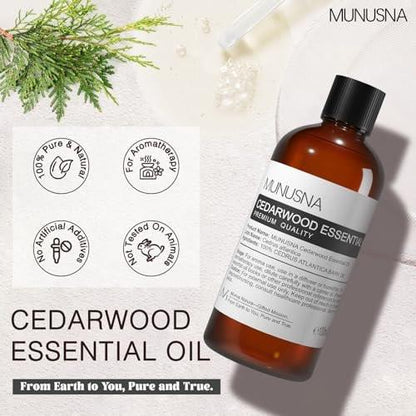 MUNUSNA Zedernholz Ätherisches Öl 100 ml – 100% reines natürliches Zedernholzöl, Premium-Klasse Aromatherapieöl für Haare, Hautpflege, Diffuser, Massage, Spray, Zuhause, DIY Kerzen- und Seifenherstellung