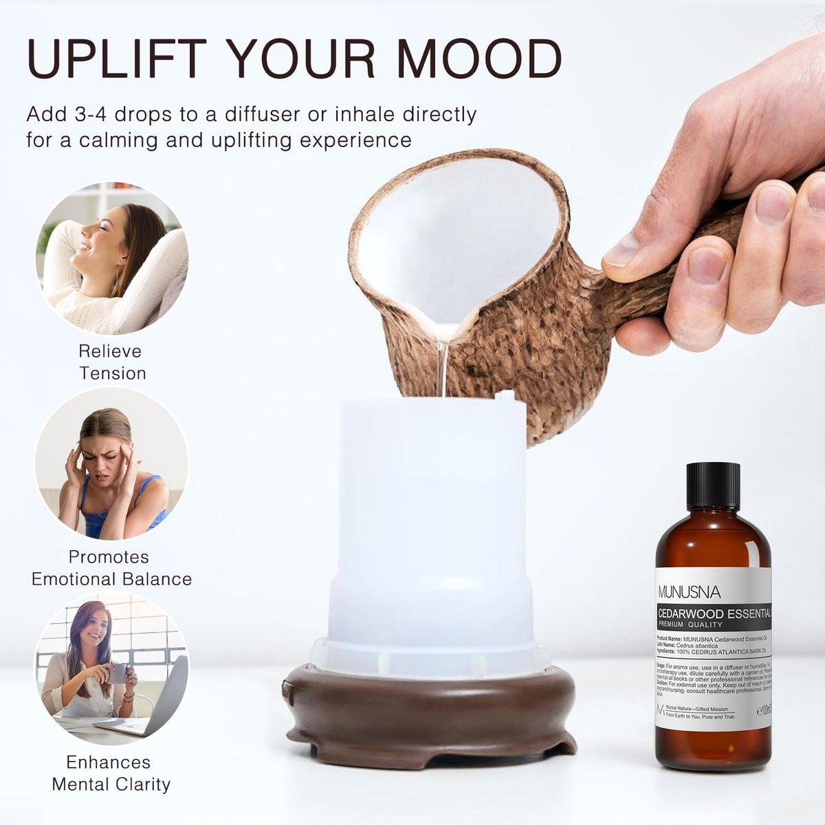 MUNUSNA Zedernholz Ätherisches Öl 100 ml – 100% reines natürliches Zedernholzöl, Premium-Klasse Aromatherapieöl für Haare, Hautpflege, Diffuser, Massage, Spray, Zuhause, DIY Kerzen- und Seifenherstellung