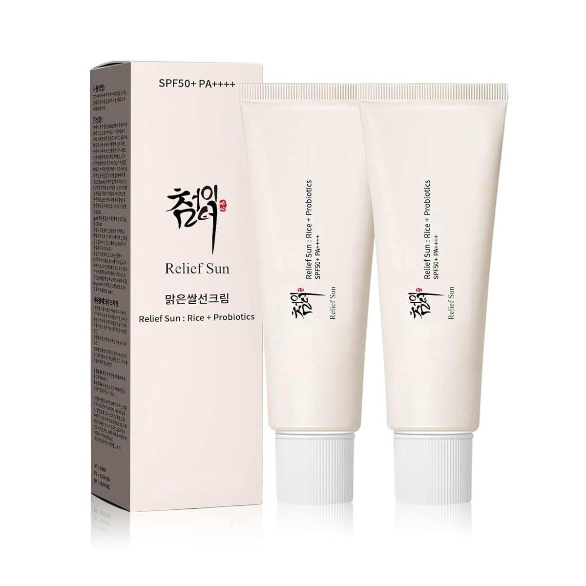 RELIEF SUN Organic Korean Sonnencreme SPF50+, PA++++ Reis & Probiotika – Pflegender UV-Schutz für alle Hauttypen (2er-Pack à 50 ml)