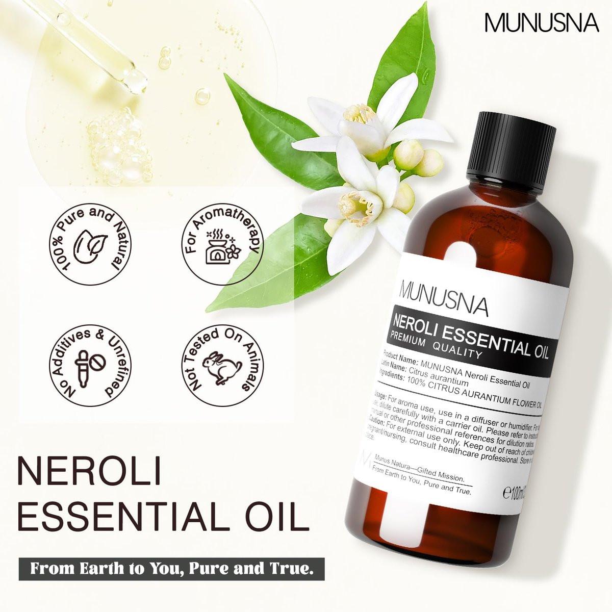 MUNUSNA Neroli Öl 100 ml – 100% reines Neroliöl für Aromatherapie, Diffuser, Hautpflege, Haarpflege, Massage, Yoga, Zuhause, Seifen- und Kerzenherstellung