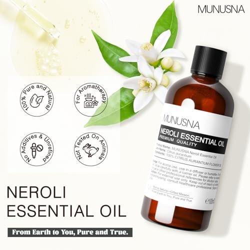 MUNUSNA Neroli Öl 100 ml – 100% reines Neroliöl für Aromatherapie, Diffuser, Hautpflege, Haarpflege, Massage, Yoga, Zuhause, Seifen- und Kerzenherstellung