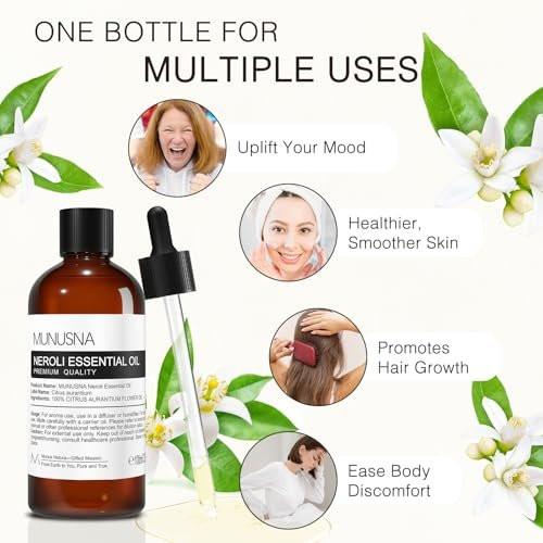 MUNUSNA Neroli Öl 100 ml – 100% reines Neroliöl für Aromatherapie, Diffuser, Hautpflege, Haarpflege, Massage, Yoga, Zuhause, Seifen- und Kerzenherstellung