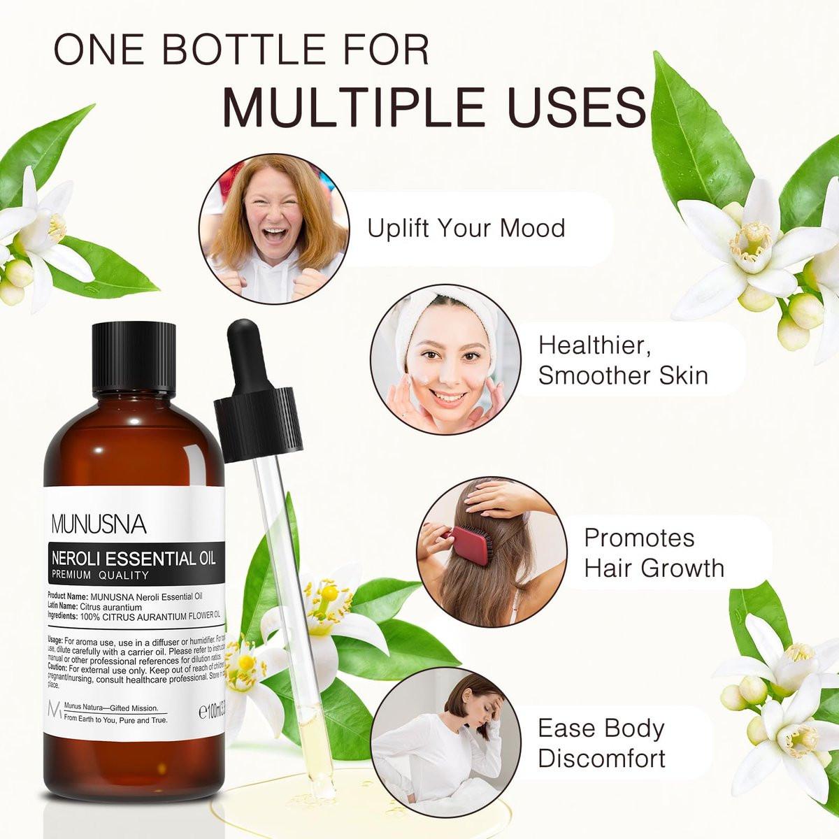 MUNUSNA Neroli Öl 100 ml – 100% reines Neroliöl für Aromatherapie, Diffuser, Hautpflege, Haarpflege, Massage, Yoga, Zuhause, Seifen- und Kerzenherstellung