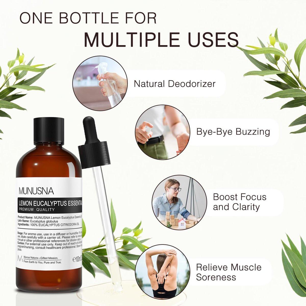 MUNUSNA Zitronen-Eukalyptus ätherisches Öl 100 ml, 100% reines Zitronen-Eukalyptusöl Aromatherapieöl für Diffuser, Hautpflege, Massage, Yoga, Zuhause, Seifen- und Kerzenherstellung