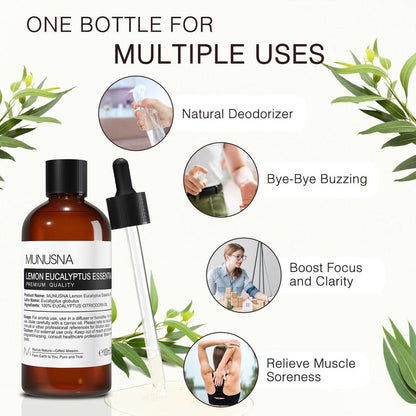MUNUSNA Zitronen-Eukalyptus ätherisches Öl 100 ml, 100% reines Zitronen-Eukalyptusöl Aromatherapieöl für Diffuser, Hautpflege, Massage, Yoga, Zuhause, Seifen- und Kerzenherstellung