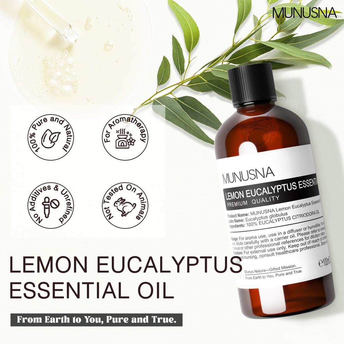 MUNUSNA Zitronen-Eukalyptus ätherisches Öl 100 ml, 100% reines Zitronen-Eukalyptusöl Aromatherapieöl für Diffuser, Hautpflege, Massage, Yoga, Zuhause, Seifen- und Kerzenherstellung
