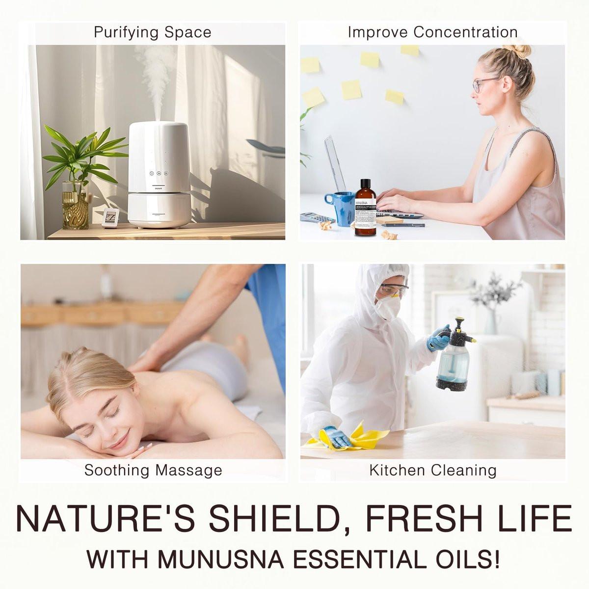MUNUSNA Zitronen-Eukalyptus ätherisches Öl 100 ml, 100% reines Zitronen-Eukalyptusöl Aromatherapieöl für Diffuser, Hautpflege, Massage, Yoga, Zuhause, Seifen- und Kerzenherstellung