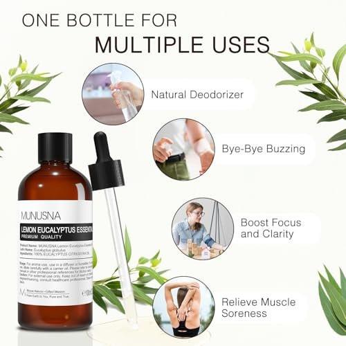 MUNUSNA Zitronen-Eukalyptus ätherisches Öl 100 ml, 100% reines Zitronen-Eukalyptusöl Aromatherapieöl für Diffuser, Hautpflege, Massage, Yoga, Zuhause, Seifen- und Kerzenherstellung
