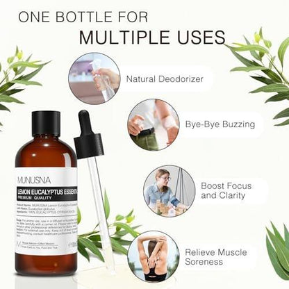 MUNUSNA Zitronen-Eukalyptus ätherisches Öl 100 ml, 100% reines Zitronen-Eukalyptusöl Aromatherapieöl für Diffuser, Hautpflege, Massage, Yoga, Zuhause, Seifen- und Kerzenherstellung
