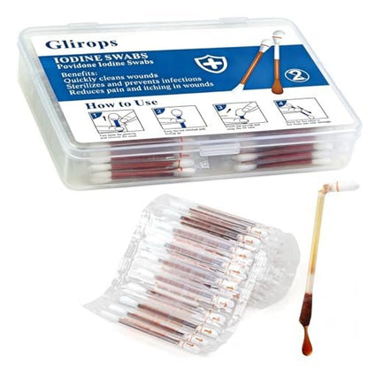 100 Sticks Povidon-Iod-Tupfer – FSA/HSA-fähige Iod-Tupfer für Erste Hilfe & Nasenpflege, 10% Lösung Wundversorgung, einzeln verpackt in wiederverwendbarer Box