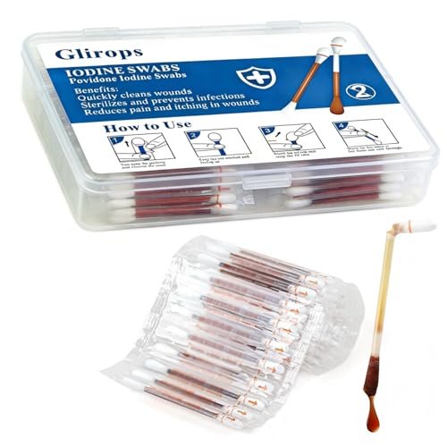 100 Sticks Povidon-Iod-Tupfer – FSA/HSA-fähige Iod-Tupfer für Erste Hilfe & Nasenpflege, 10% Lösung Wundversorgung, einzeln verpackt in wiederverwendbarer Box