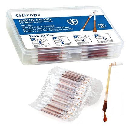 100 Sticks Povidon-Iod-Tupfer – FSA/HSA-fähige Iod-Tupfer für Erste Hilfe & Nasenpflege, 10% Lösung Wundversorgung, einzeln verpackt in wiederverwendbarer Box