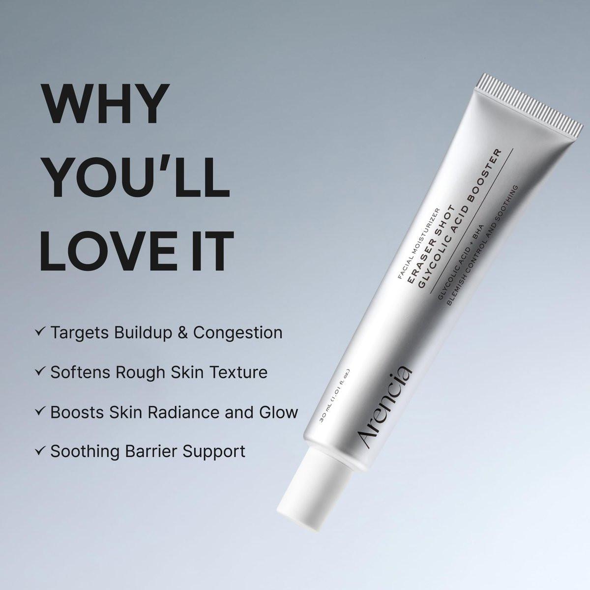 Arencia Eraser Shot Serum Glykolsäure Booster mit AHA & BHA – Peeling-Gesichtsserum für zu Akne neigende Haut, Porenpflege & Texturverfeinerung, leichtes tägliches Hautpflegeprodukt, 30 ml / 1,01 fl. oz.