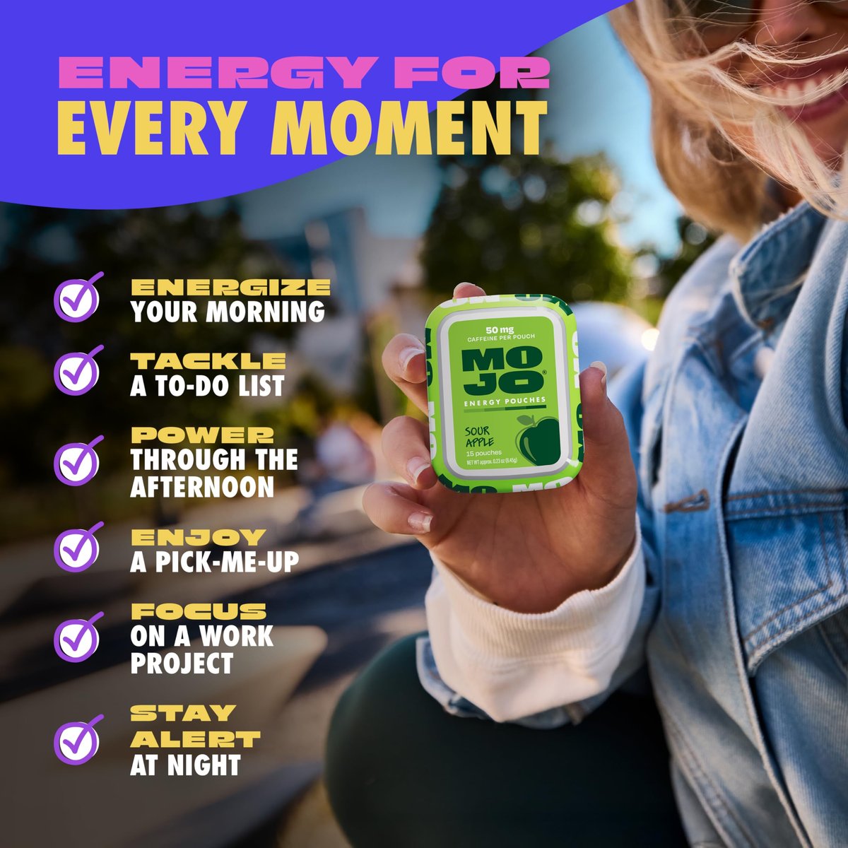 MOJO Energiebeutel Sour Apple Geschmack, 50 mg pro Koffeinbeutel, 15 Beutel, Einzelpackung