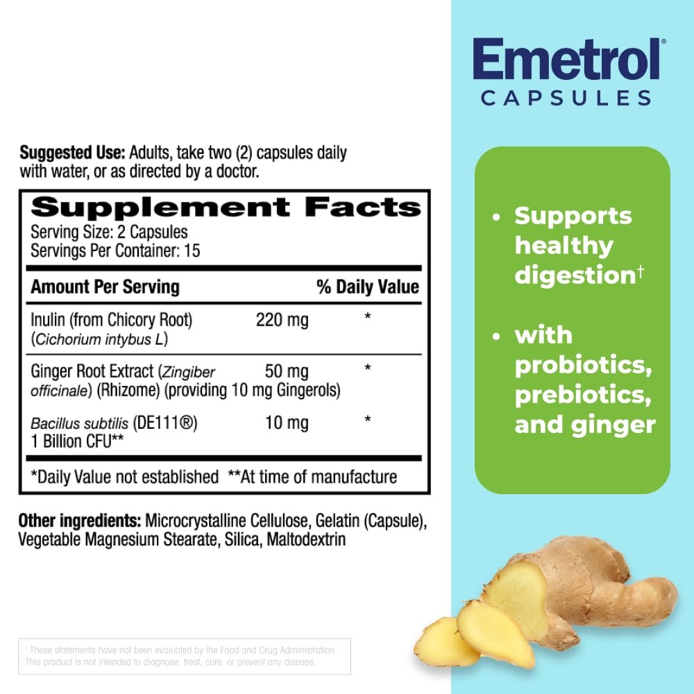 Emetrol Daily Digestive Support Kapseln – Probiotikum, Präbiotikum & Ingwer für die Darmgesundheit, gegen Blähungen, Völlegefühl und Übelkeit – #1 von Apothekern empfohlene Marke – 30 Kapseln