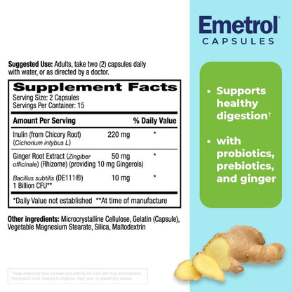 Emetrol Daily Digestive Support Kapseln – Probiotikum, Präbiotikum & Ingwer für die Darmgesundheit, gegen Blähungen, Völlegefühl und Übelkeit – #1 von Apothekern empfohlene Marke – 30 Kapseln