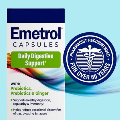 Emetrol Daily Digestive Support Kapseln – Probiotikum, Präbiotikum & Ingwer für die Darmgesundheit, gegen Blähungen, Völlegefühl und Übelkeit – #1 von Apothekern empfohlene Marke – 30 Kapseln