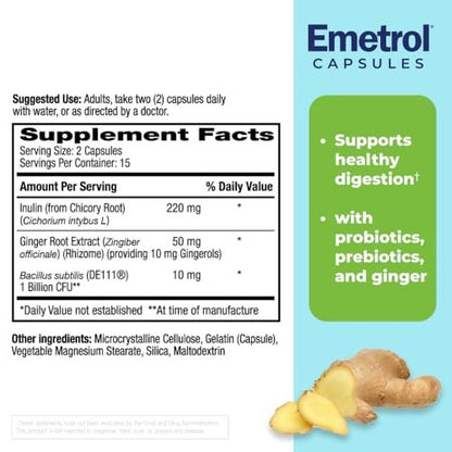 Emetrol Daily Digestive Support Kapseln – Probiotikum, Präbiotikum & Ingwer für die Darmgesundheit, gegen Blähungen, Völlegefühl und Übelkeit – #1 von Apothekern empfohlene Marke – 30 Kapseln
