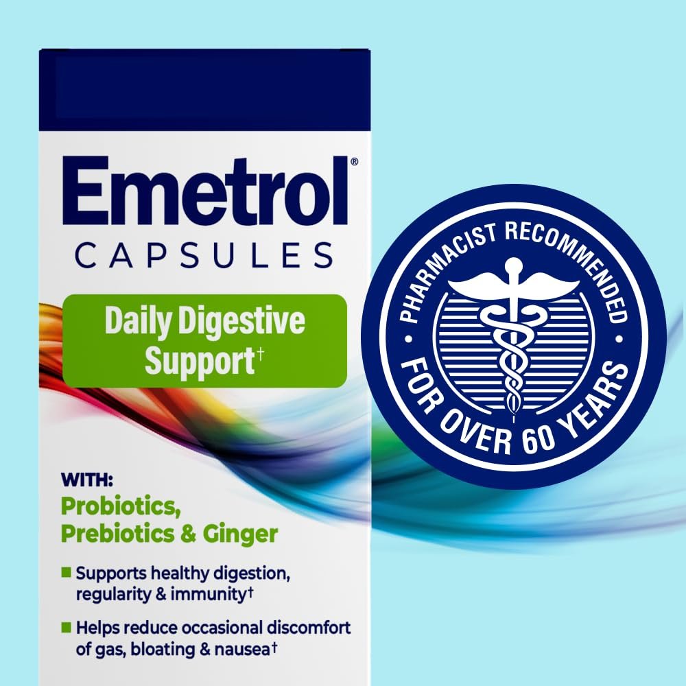 Emetrol Daily Digestive Support Kapseln – Probiotikum, Präbiotikum & Ingwer für die Darmgesundheit, gegen Blähungen, Völlegefühl und Übelkeit – #1 von Apothekern empfohlene Marke – 30 Kapseln