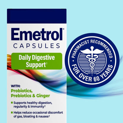Emetrol Daily Digestive Support Kapseln – Probiotikum, Präbiotikum & Ingwer für die Darmgesundheit, gegen Blähungen, Völlegefühl und Übelkeit – #1 von Apothekern empfohlene Marke – 30 Kapseln