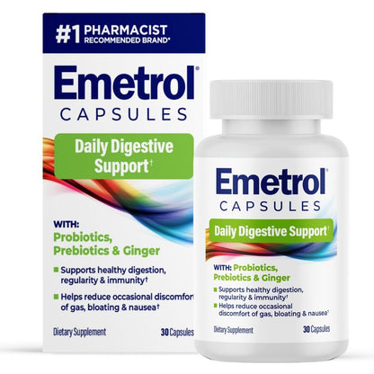 Emetrol Daily Digestive Support Kapseln – Probiotikum, Präbiotikum & Ingwer für die Darmgesundheit, gegen Blähungen, Völlegefühl und Übelkeit – #1 von Apothekern empfohlene Marke – 30 Kapseln