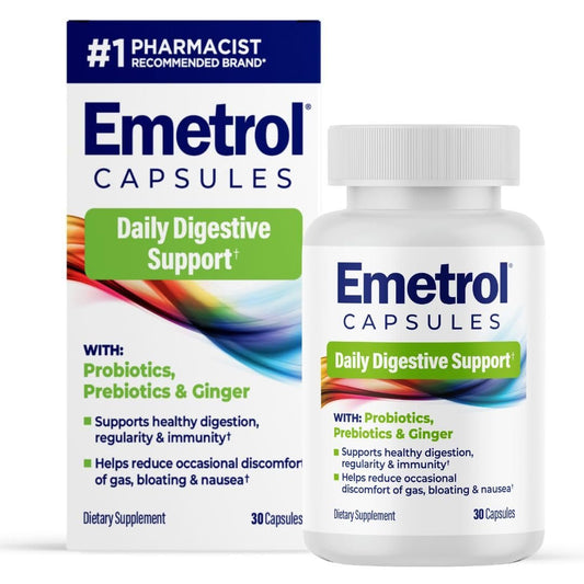 Emetrol Daily Digestive Support Kapseln – Probiotikum, Präbiotikum & Ingwer für die Darmgesundheit, gegen Blähungen, Völlegefühl und Übelkeit – #1 von Apothekern empfohlene Marke – 30 Kapseln