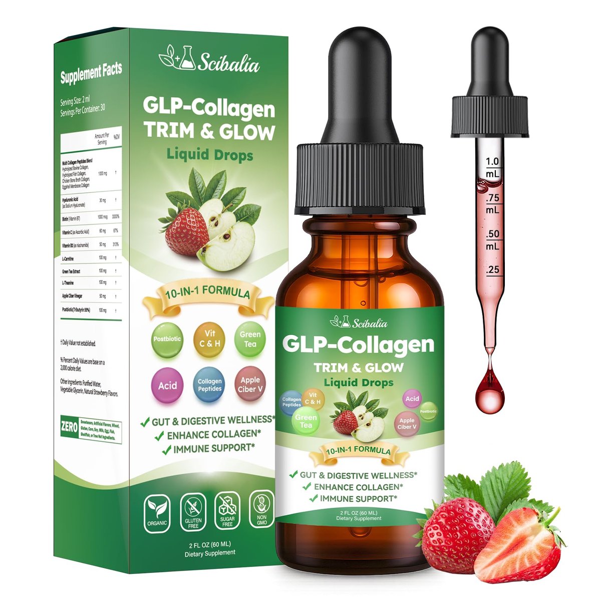 Scibalia Liquid Collagen für Frauen – GLP-freundliches 10-in-1 Multi-Kollagen mit Hyaluronsäure, Biotin, Grüntee & ACV – Hydrolysierte Kollagen-Tropfen für Verdauung, Hautgesundheit & Haarwachstum