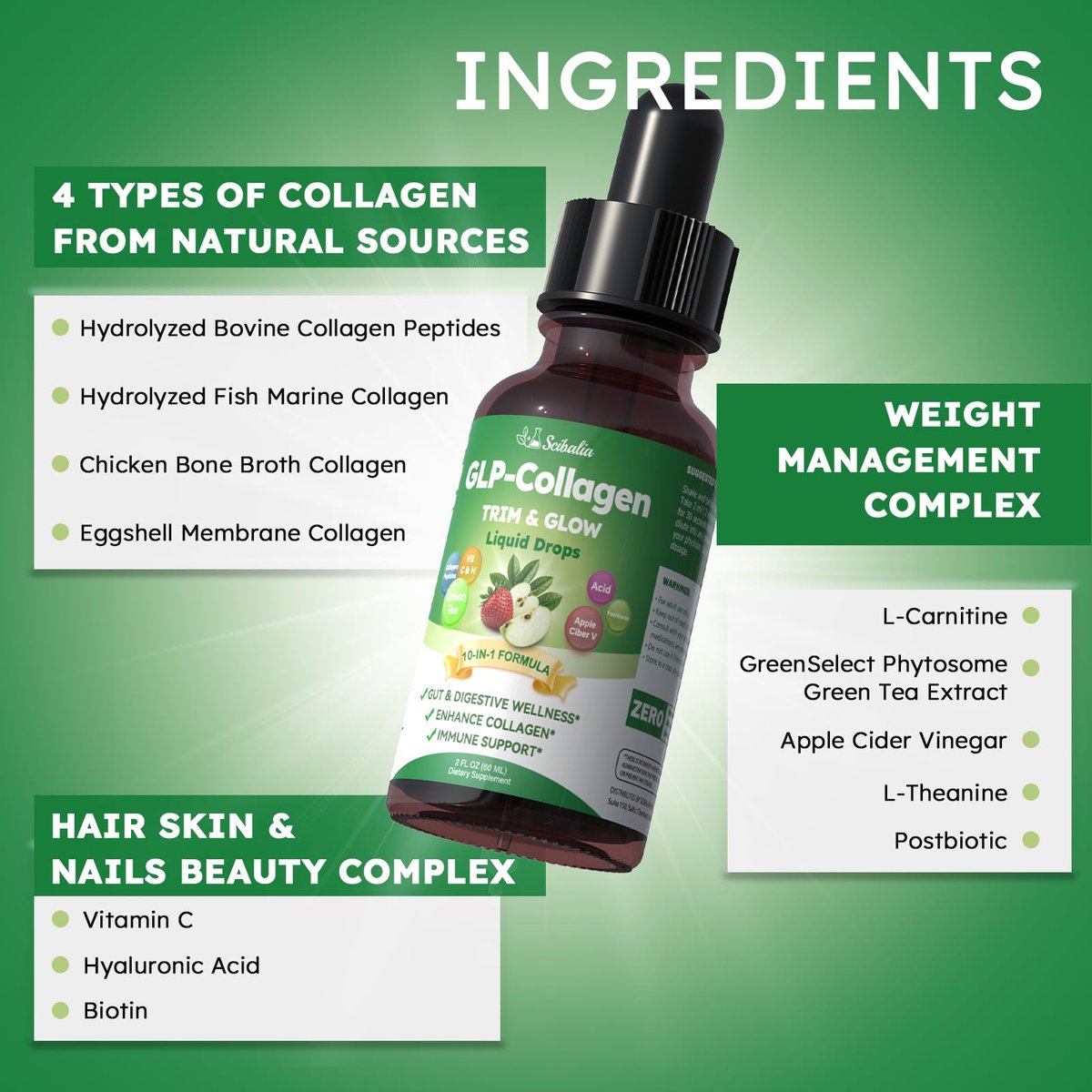 Scibalia Liquid Collagen für Frauen – GLP-freundliches 10-in-1 Multi-Kollagen mit Hyaluronsäure, Biotin, Grüntee & ACV – Hydrolysierte Kollagen-Tropfen für Verdauung, Hautgesundheit & Haarwachstum