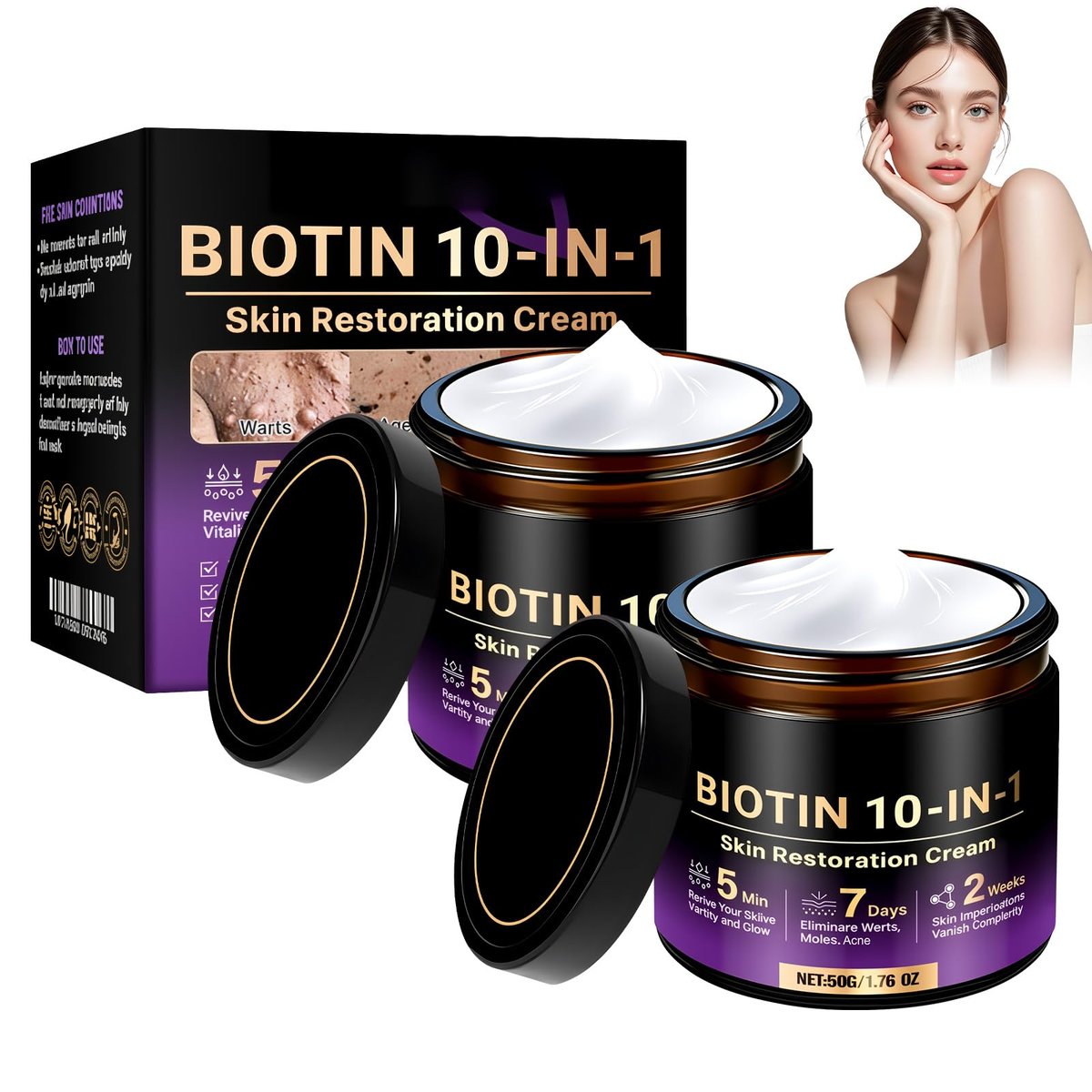 TFSUDI 2er-Pack Biotin 10-in-1 Hautregenerationscreme – Straffende & festigende Gesichtscreme gegen Falten, Feuchtigkeitsspender mit natürlichem Kollagen für alle Hauttypen