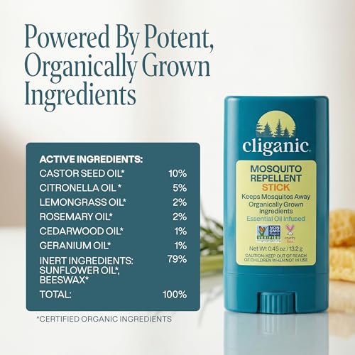 Cliganic Mückenschutz Stick für Erwachsene & Kinder – 5 Stunden natürlicher, DEET-freier Schutz, Nicht-GVO verifiziert, mit biologisch angebauten Inhaltsstoffen & ätherischen Ölen, einfacher Reise-Stick