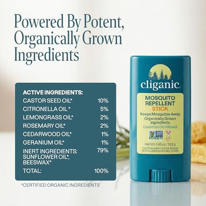 Cliganic Mückenschutz Stick für Erwachsene & Kinder – 5 Stunden natürlicher, DEET-freier Schutz, Nicht-GVO verifiziert, mit biologisch angebauten Inhaltsstoffen & ätherischen Ölen, einfacher Reise-Stick