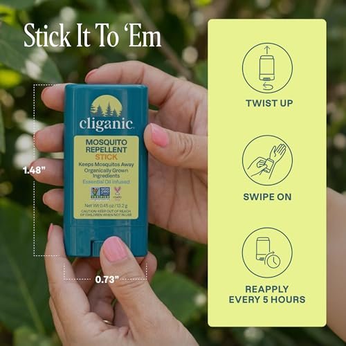 Cliganic Mückenschutz Stick für Erwachsene & Kinder – 5 Stunden natürlicher, DEET-freier Schutz, Nicht-GVO verifiziert, mit biologisch angebauten Inhaltsstoffen & ätherischen Ölen, einfacher Reise-Stick