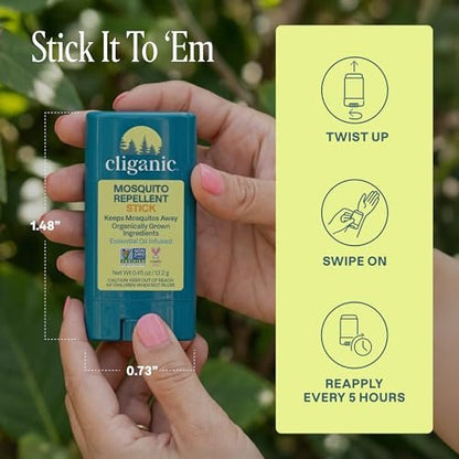 Cliganic Mückenschutz Stick für Erwachsene & Kinder – 5 Stunden natürlicher, DEET-freier Schutz, Nicht-GVO verifiziert, mit biologisch angebauten Inhaltsstoffen & ätherischen Ölen, einfacher Reise-Stick