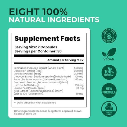Paradise Emerald Lymphatisches Drainage-Supplement: Natürlicher Kräuterkomplex mit Echinacea, Klettenwurzel, Löwenzahn und Cleavers – Lymphsystem-Unterstützung für Entblähung, Immunität und Flüssigkeitsbalance – 60 Kapseln