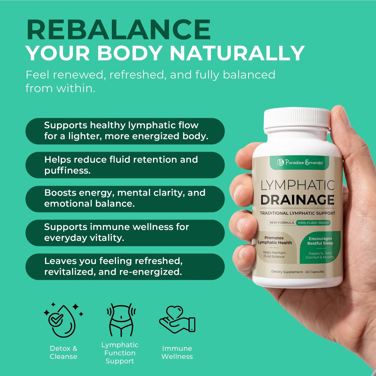 Paradise Emerald Lymphatisches Drainage-Supplement: Natürlicher Kräuterkomplex mit Echinacea, Klettenwurzel, Löwenzahn und Cleavers – Lymphsystem-Unterstützung für Entblähung, Immunität und Flüssigkeitsbalance – 60 Kapseln