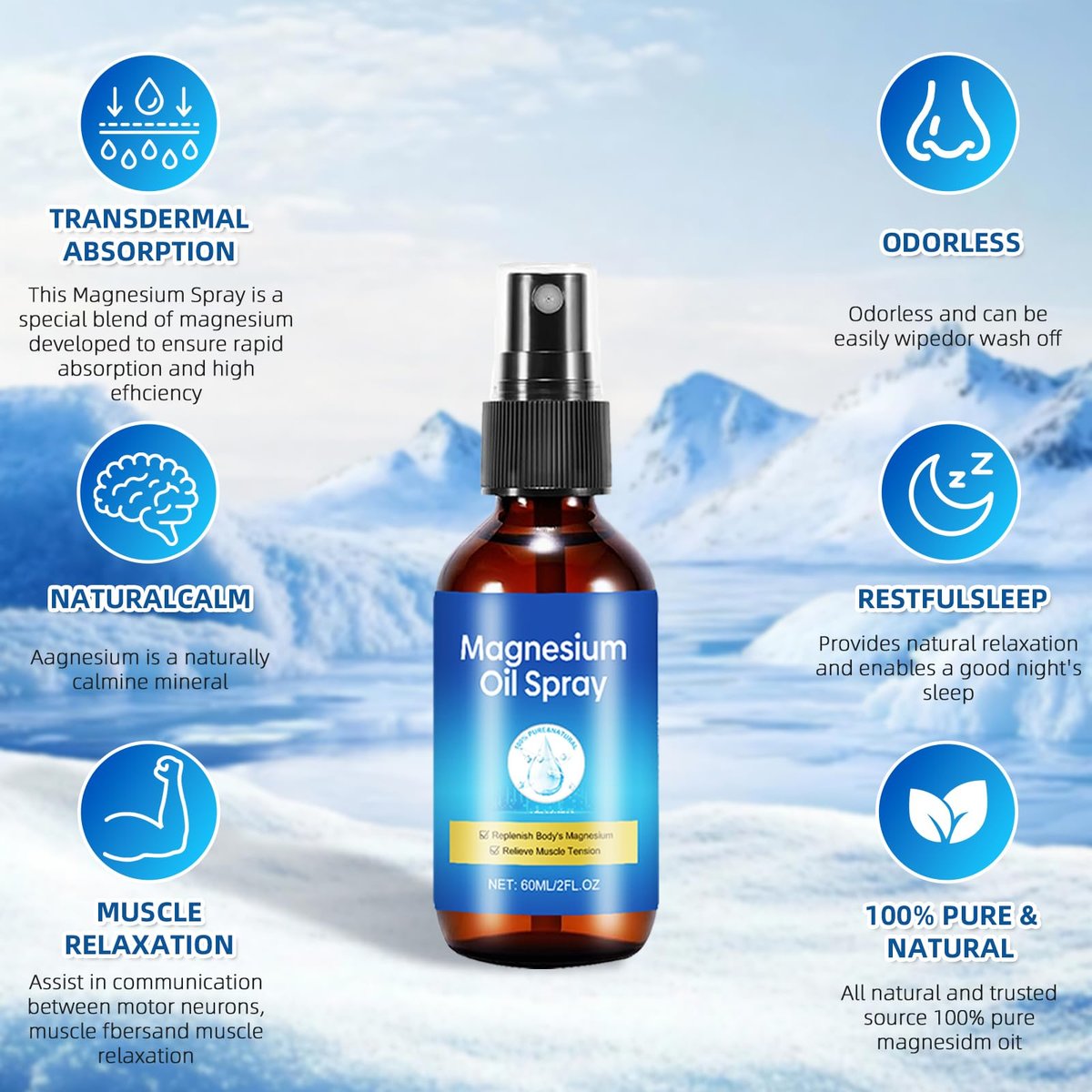 Magnesium Spray – Reines Magnesiumöl für die Füße, auslaufsichere Reisegröße, 60 ml