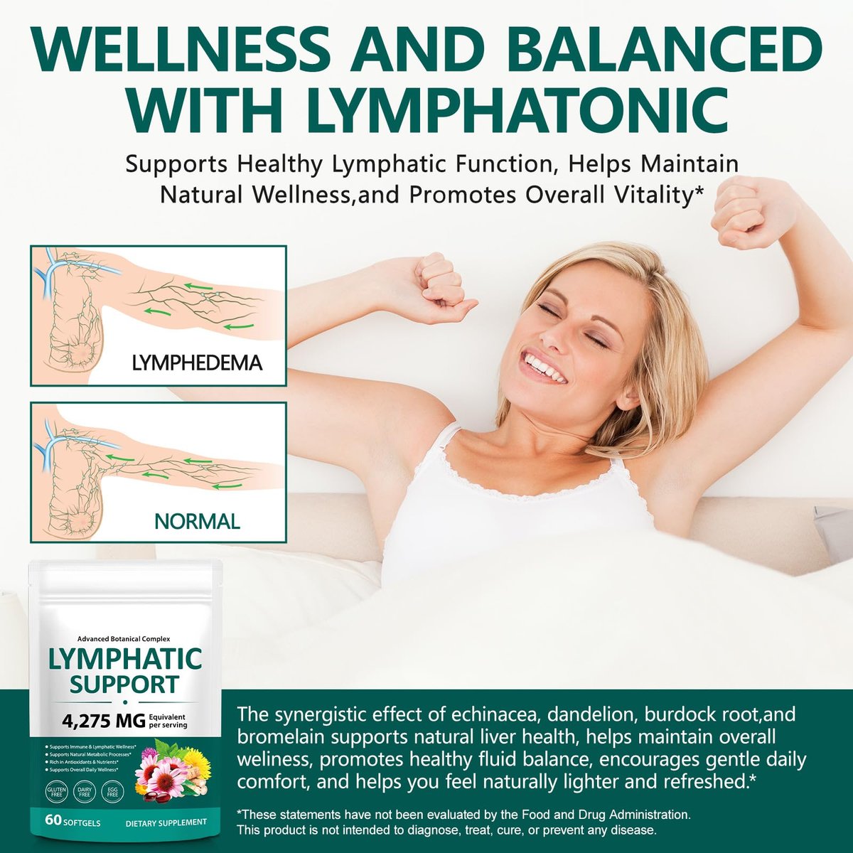 Lymphdrainage Kapseln, 4275mg Kräutermischung für Immun- und Flüssigkeitsgesundheit für Männer und Frauen, mit Löwenzahn, Klettenwurzel, Echinacea, Kurkuma, 60 Softgels für Lymphsystem-Gleichgewicht