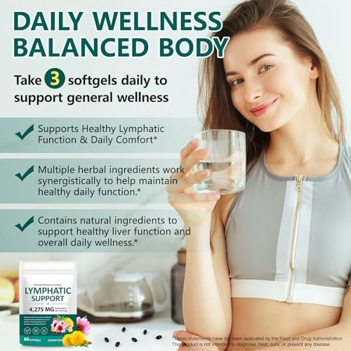 Lymphdrainage Kapseln, 4275mg Kräutermischung für Immun- und Flüssigkeitsgesundheit für Männer und Frauen, mit Löwenzahn, Klettenwurzel, Echinacea, Kurkuma, 60 Softgels für Lymphsystem-Gleichgewicht