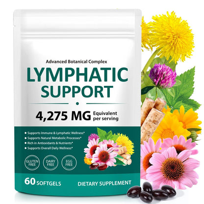 Lymphdrainage Kapseln, 4275mg Kräutermischung für Immun- und Flüssigkeitsgesundheit für Männer und Frauen, mit Löwenzahn, Klettenwurzel, Echinacea, Kurkuma, 60 Softgels für Lymphsystem-Gleichgewicht