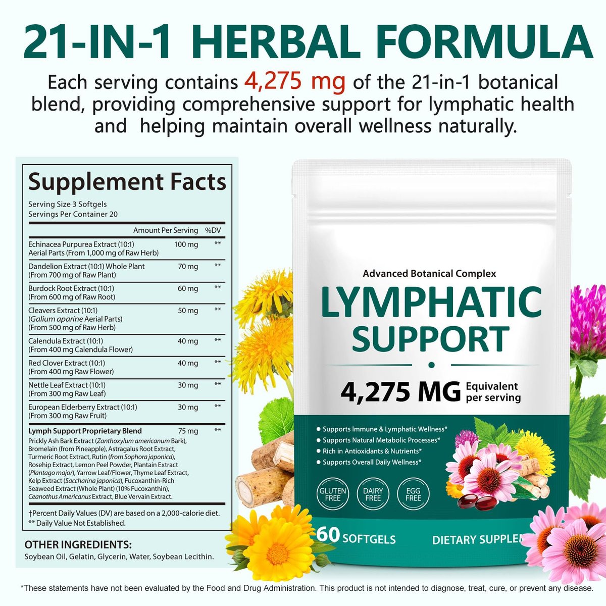 Lymphdrainage Kapseln, 4275mg Kräutermischung für Immun- und Flüssigkeitsgesundheit für Männer und Frauen, mit Löwenzahn, Klettenwurzel, Echinacea, Kurkuma, 60 Softgels für Lymphsystem-Gleichgewicht
