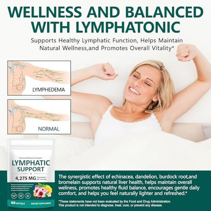 Lymphdrainage Kapseln, 4275mg Kräutermischung für Immun- und Flüssigkeitsgesundheit für Männer und Frauen, mit Löwenzahn, Klettenwurzel, Echinacea, Kurkuma, 60 Softgels für Lymphsystem-Gleichgewicht