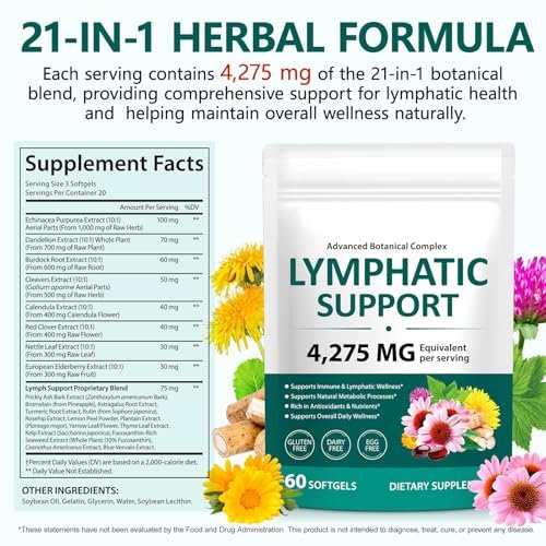Lymphdrainage Kapseln, 4275mg Kräutermischung für Immun- und Flüssigkeitsgesundheit für Männer und Frauen, mit Löwenzahn, Klettenwurzel, Echinacea, Kurkuma, 60 Softgels für Lymphsystem-Gleichgewicht